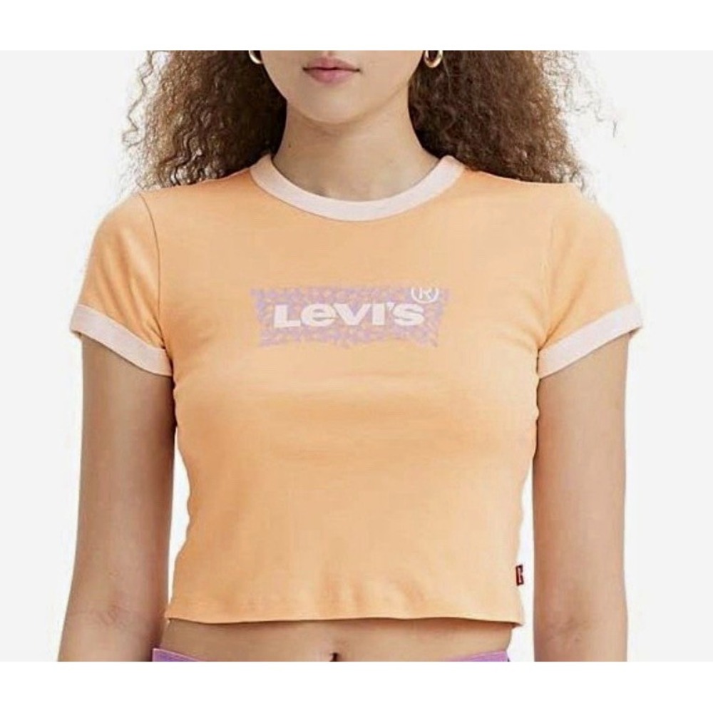 Levi's Women's Graphic Logo Ringer T-Shirt Slim Fit Crew Neck Tan/White XXL[A6]